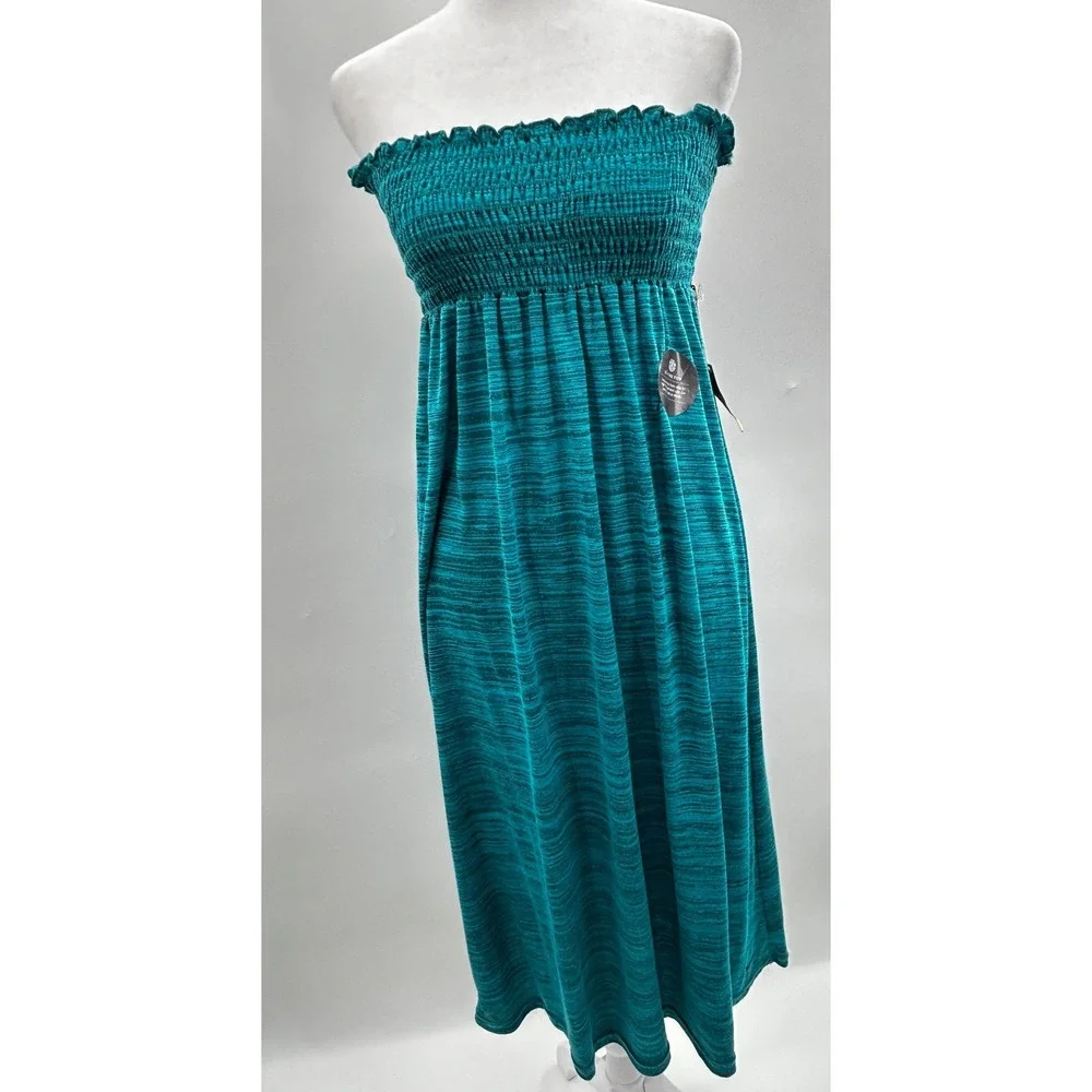 Element Womens Teal Green Space Dye Smocked Strapless Maxi Dress Skirt Medium
